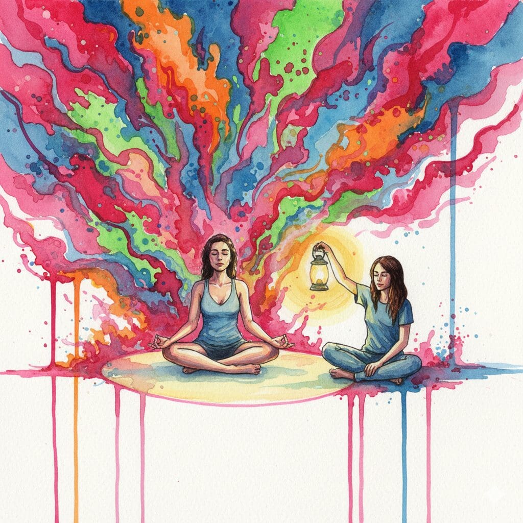 Symbolische Darstellung eines Tripsitters, der einer Person während eines LSD-Trips Sicherheit und Schutz bietet.