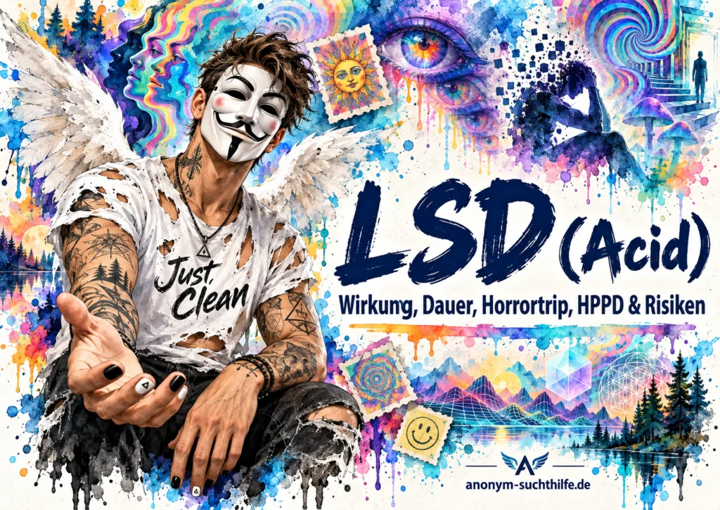 Titelbild zu LSD und Acid mit Wirkung, Dauer, Horrortrip, HPPD, psychedelischer Wahrnehmung und Anonym-Suchthilfe-Markenfigur.