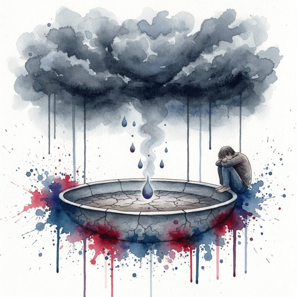 Symbolische Darstellung des "MDMA-Katers" (Suicide Tuesday) als ein leeres Serotonin-Reservoir im Gehirn, das zu Depressionen führt.