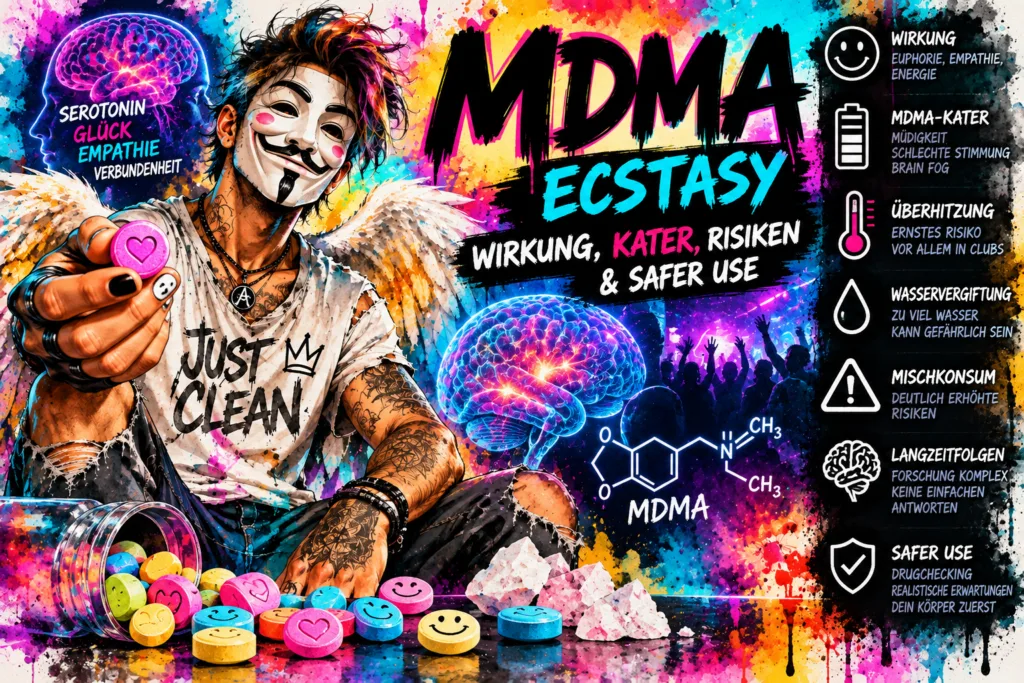 Titelbild zu MDMA und Ecstasy mit Wirkung, MDMA-Kater, Comedown, Serotonin, Überhitzung, Mischkonsum und Anonym-Suchthilfe-Markenfigur.