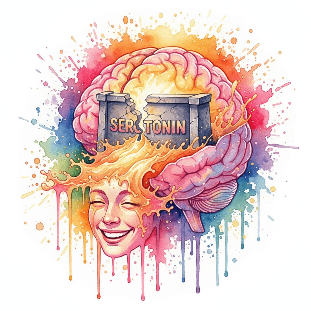 Künstlerische Darstellung der Wirkung von MDMA, bei der das Gehirn mit dem Botenstoff Serotonin geflutet wird.