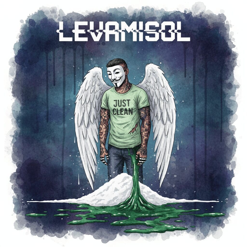 Titelbild zum Levamisol-Artikel. Die NeelixberliN-Figur steht auf gestrecktem Kokain, aus dem giftiges, grünes Levamisol quillt und Hautveränderungen (Vaskulitis) verursacht. Das Bild symbolisiert die Zerstörung des Immunsystems. Oben steht der Titel "LEVAMISOL".