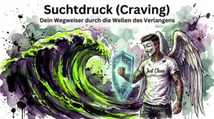 Die NeelixberliN Marken-Figur steht mit einem digitalen Schild standhaft gegen eine toxische, hereinbrechende Welle. Symbol für den Kampf gegen Suchtdruck.