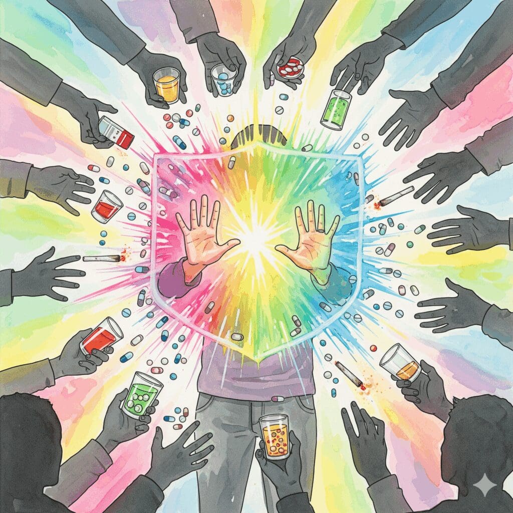 Symbolische Darstellung von sozialem Druck (Peer Pressure), bei der eine Person lernt, Drogenangebote abzulehnen.