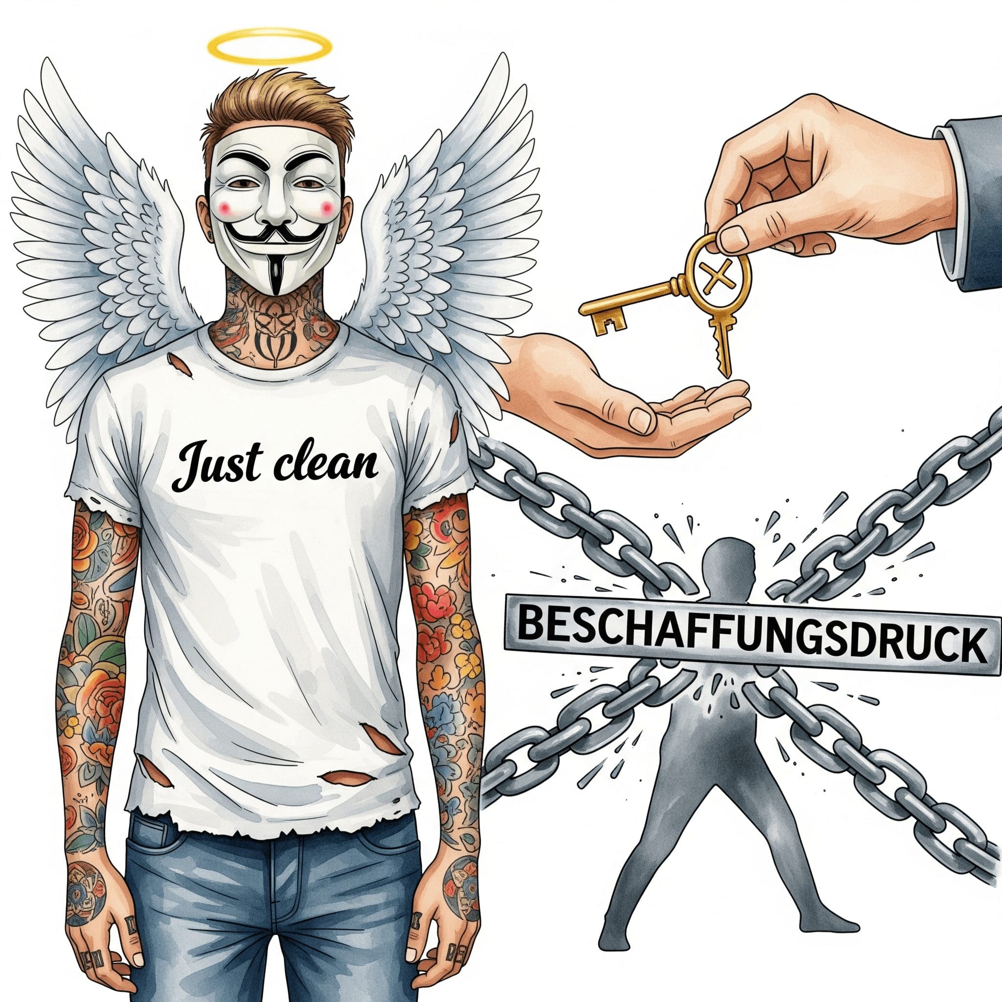 Eine stilisierte Grafik von einer Person, die von schweren Ketten mit der Aufschrift "BESCHAFFUNGSDRUCK" gehalten wird. Eine Hand reicht der Person einen Schlüssel mit einem "§"-Symbol, der die Kette aufschließt. Symbolisiert die Befreiung von der Kriminalität. "Substitutionstherapie Vorteile", "Befreiung von Beschaffungsdruck", "Harm Reduction"