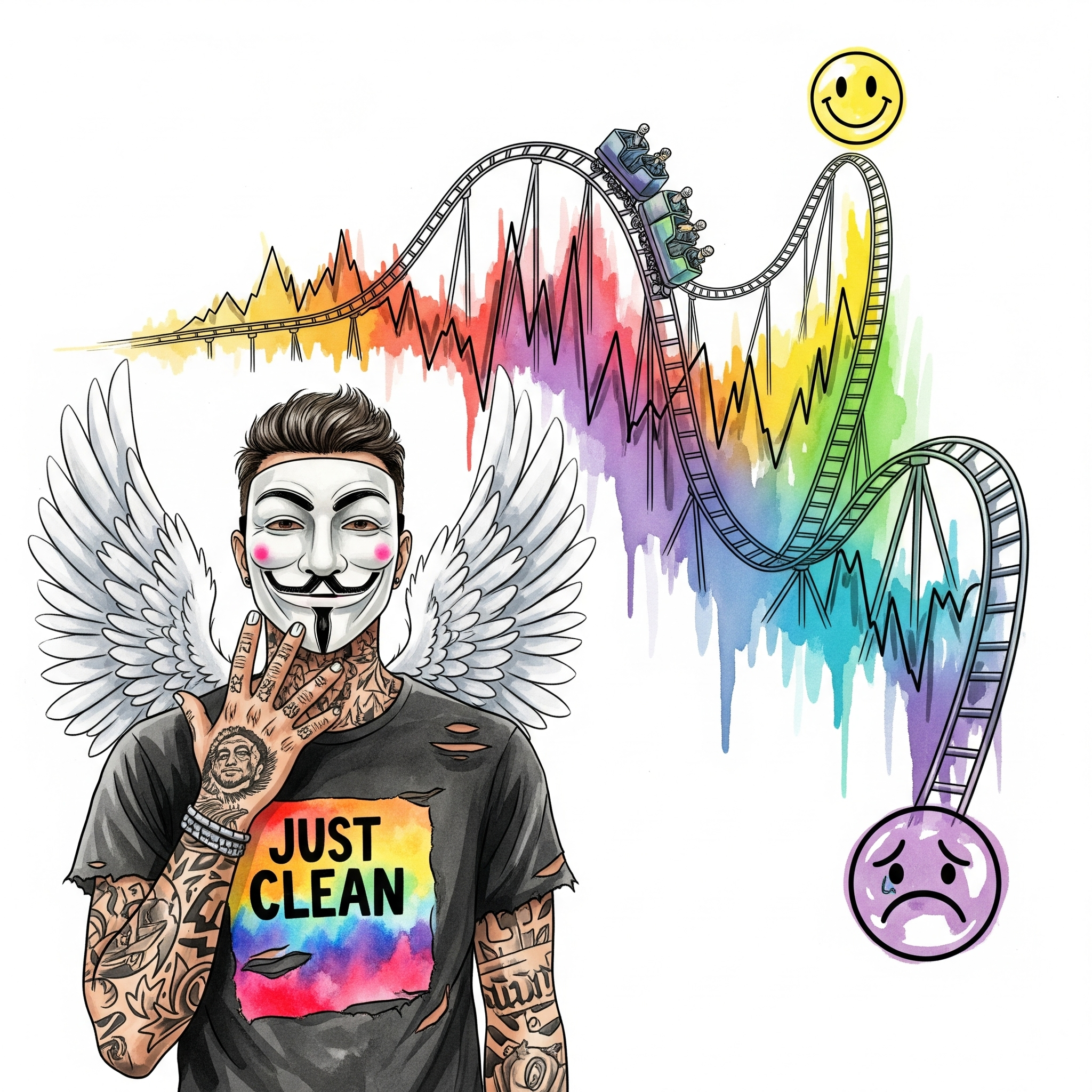 Eine stilisierte Grafik einer Achterbahnstrecke, die extrem steil nach oben und dann extrem tief nach unten führt. Oben ist ein euphorisches Smiley-Symbol, unten ein trauriges. Symbolisiert die extremen Stimmungsschwankungen. "bipolare Störung erklärt", "Manie und Depression", "Stimmungsschwankungen"