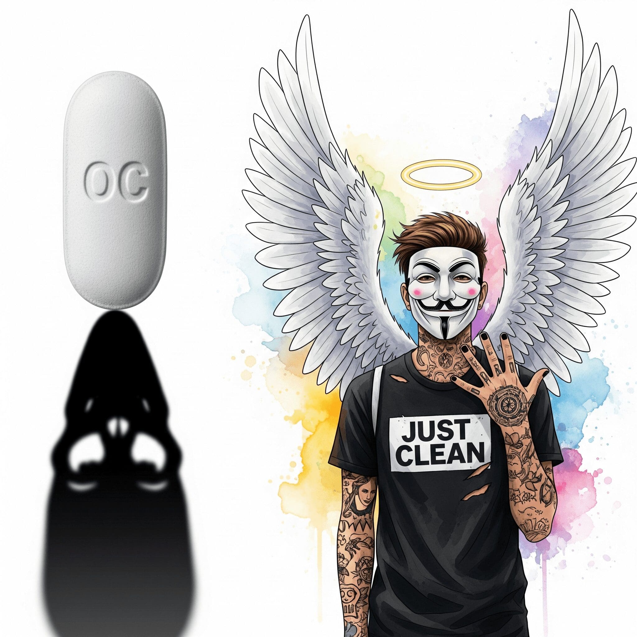 Ein Foto einer einzelnen OxyContin-Pille (erkennbar am "OC"-Aufdruck). Die Pille wirft aber einen langen, dunklen Schatten, der die Form eines Totenkopfs hat. Symbolisiert die versteckte, tödliche Gefahr. "OxyContin Pille", "Purdue Pharma Lüge", "Opioid-Krise Ursache"