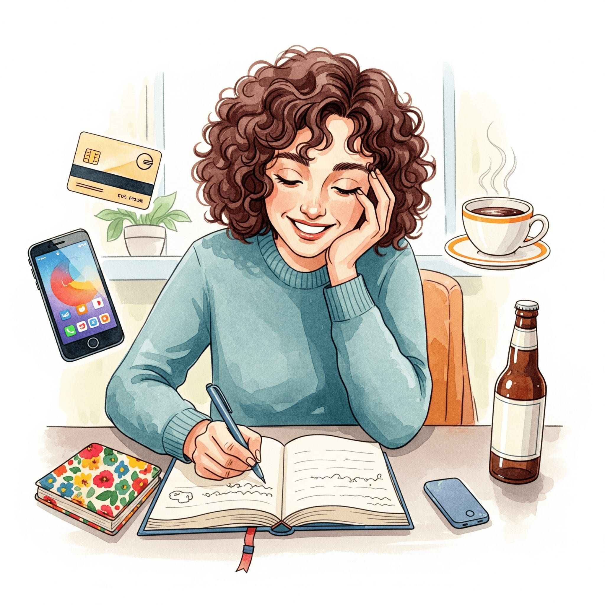 Eine Person sitzt an einem Tisch und schreibt nachdenklich in ein offenes Notizbuch. Daneben liegen Symbole für verschiedene Konsumarten: ein Smartphone, eine Kaffeetasse, eine Kreditkarte, eine Bierflasche. "Konsumtagebuch führen", "Selbstreflexion", "Gewohnheiten ändern"