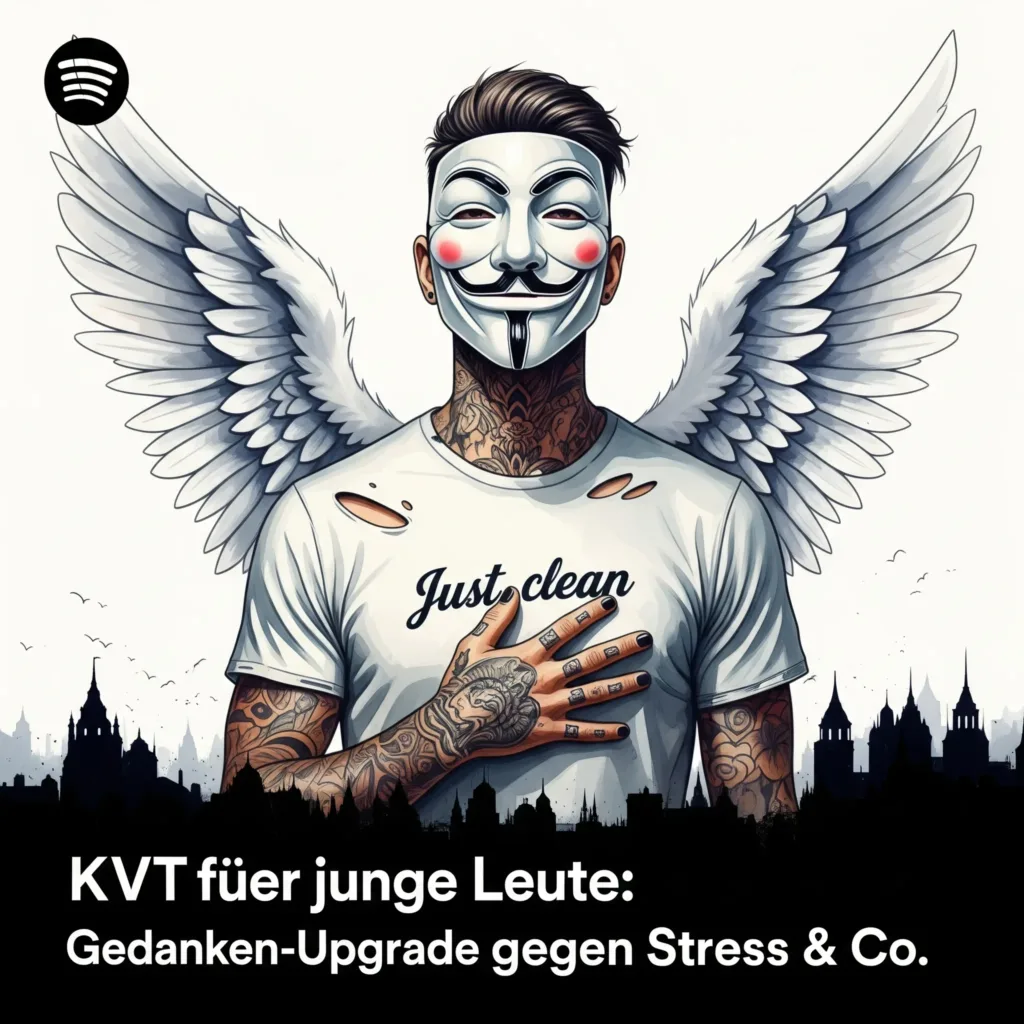 Ein junger Mensch (divers) sitzt entspannt auf einer Wiese, schaut nachdenklich, aber positiv in die Ferne. Vielleicht mit stilisierten, bunten "Gedankenblasen" 💭, die sich von Grau zu Bunt wandeln. Keywords für Bild-Alt-Text: "KVT junge Leute Gedanken positive Veränderung"