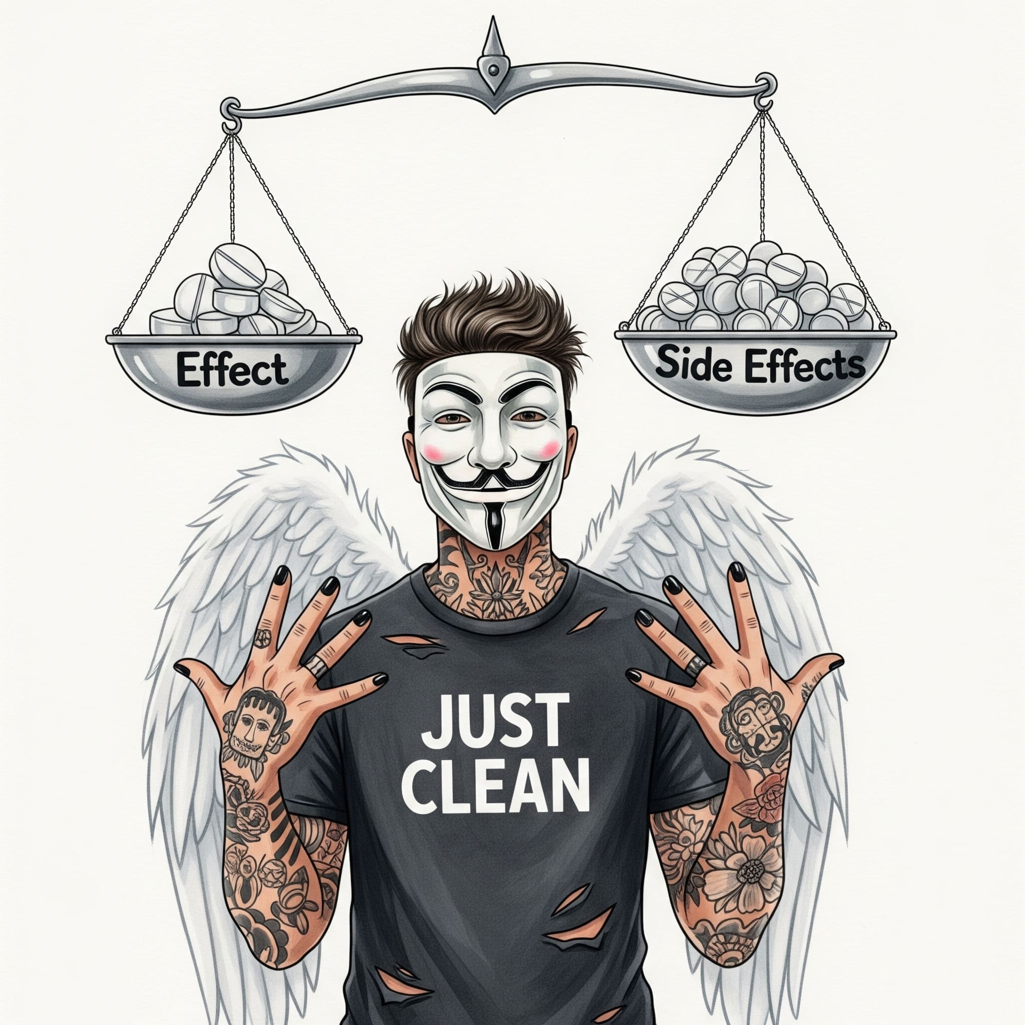 Eine stilisierte Grafik einer Waage, die aus dem Gleichgewicht geraten ist. Auf der einen Seite steht "Wirkung", auf der anderen eine viel größere Schale mit der Aufschrift "Nebenwirkungen". Symbolisiert das unausgewogene Risiko-Nutzen-Verhältnis bei Missbrauch. "Risiken Antipsychotika", "Nebenwirkungen Quetiapin", "Medikamentenmissbrauch Folgen"