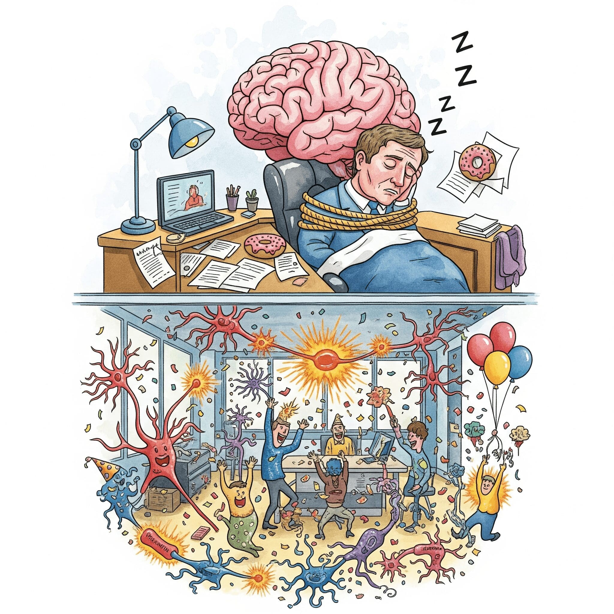 Eine Grafik, die ein Gehirn als Firma zeigt. Der "Chef" (Präfrontaler Kortex) sitzt in seinem Büro, ist aber gefesselt oder schläft. Im Großraumbüro darunter feiert das "Belohnungssystem" eine wilde Party. "Dopamin und Prokrastination", "präfrontaler Kortex", "Impulskontrolle"