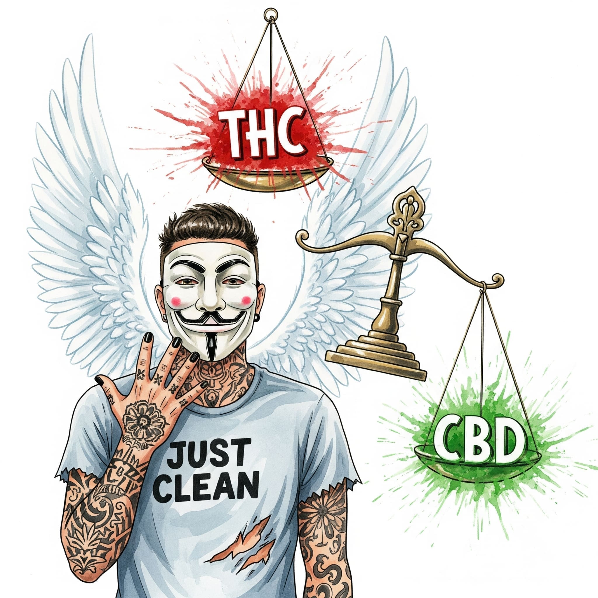 Eine stilisierte Grafik einer Waage. Auf der einen Schale steht "THC" (rot, chaotisch), auf der anderen "CBD" (grün, ruhig). Symbolisiert den entscheidenden Unterschied und die Balance. "THC vs CBD Wirkung", "Unterschied THC CBD Angst", "Cannabinoide erklärt"