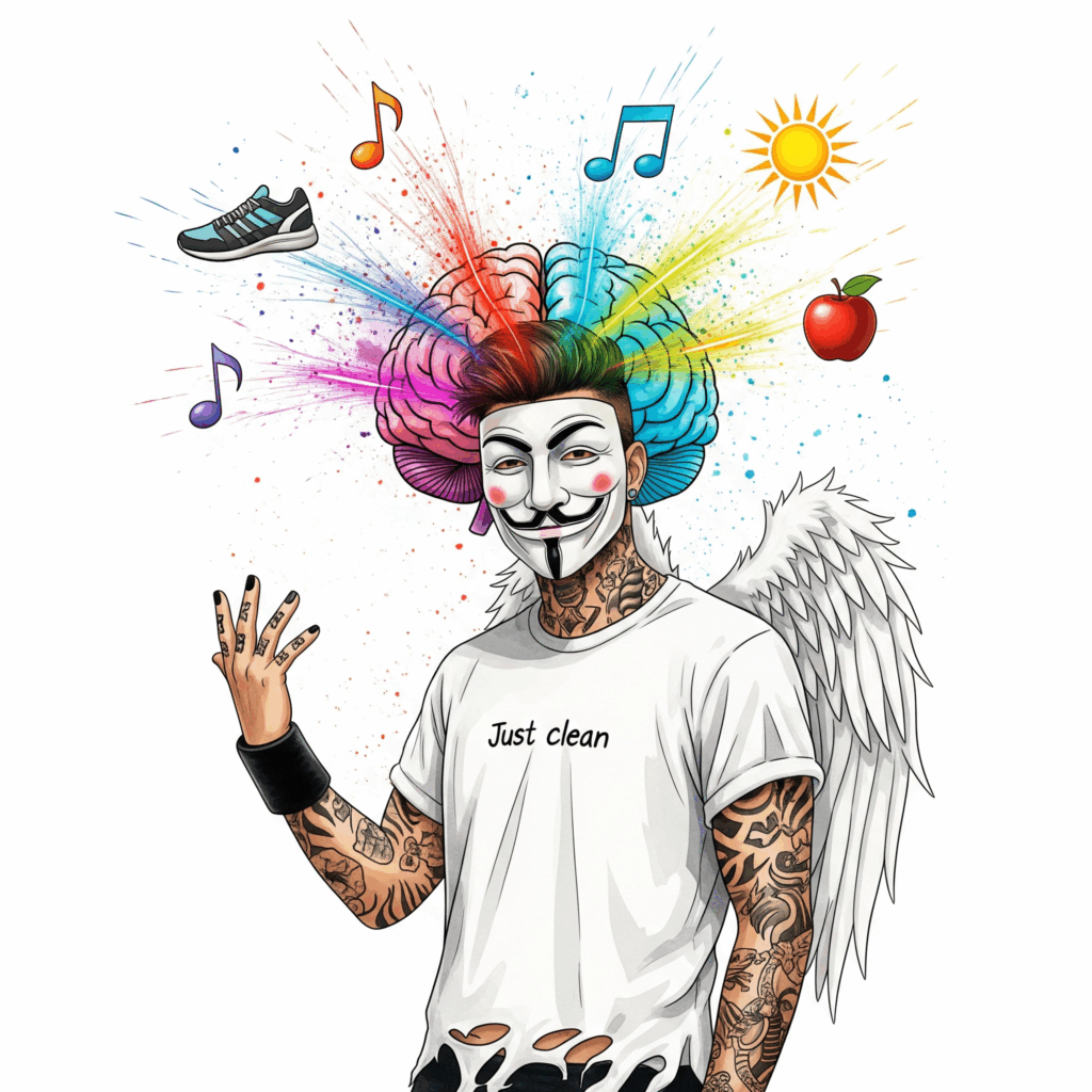 Eine stilisierte Grafik eines Gehirns. Aus dem Gehirn sprühen bunte, positive Funken oder Partikel, die durch Symbole für gesunde Aktivitäten (ein Laufschuh, eine Musiknote, eine Sonne, ein Apfel) ausgelöst werden. Symbolisiert die natürliche Dopamin-Ausschüttung. "natürliche Dopamin-Quellen", "Gehirn und Belohnung", "gesundes High"