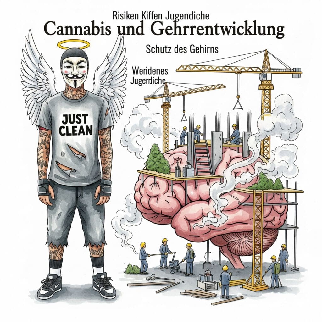 Eine Grafik eines Gehirns, das als Baustelle dargestellt wird, mit Kränen und Arbeitern. Cannabis-Rauchschwaden wehen herein und stören die Bauarbeiten. Symbolisiert die Gefahr für das sich entwickelnde Gehirn. "Cannabis und Gehirnentwicklung", "Risiken Kiffen Jugendliche", "Schutz des Gehirns"