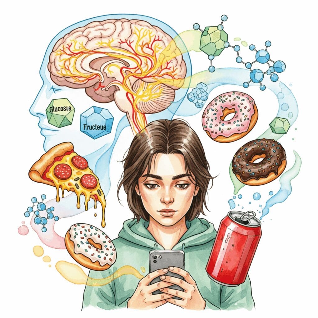 Ultra processed foods Dopamin Gehirn System Sucht junge Person Smartphone Fast Food Neurobiologie Moleküle wissenschaftlich