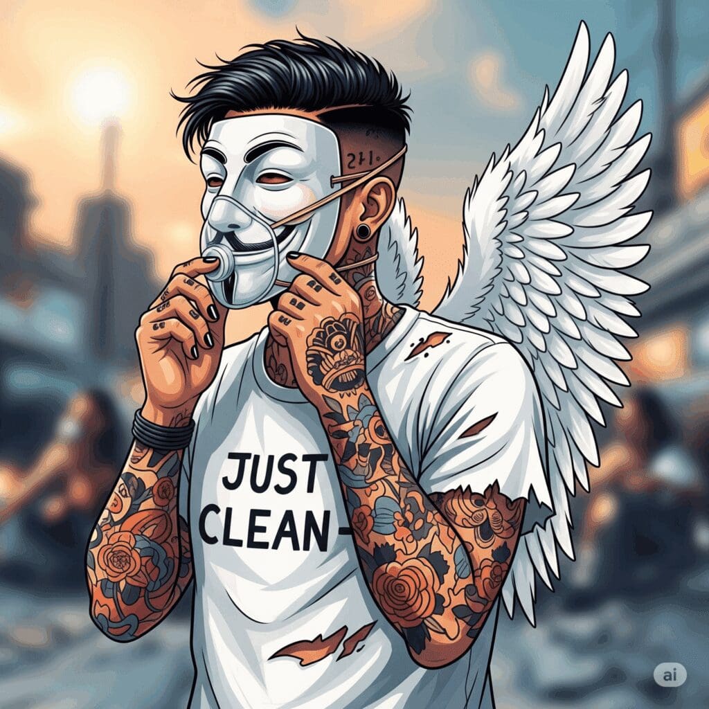 Eine stilisierte Grafik einer Person, die ruhig und bewusst eine Sauerstoffmaske aufsetzt. Im Hintergrund ist eine verschwommene, chaotische Szene zu sehen. Symbolisiert die Notwendigkeit der Selbstfürsorge inmitten des Chaos. "Selbstfürsorge für Angehörige", "eigene Sauerstoffmaske zuerst", "Burnout Prävention"