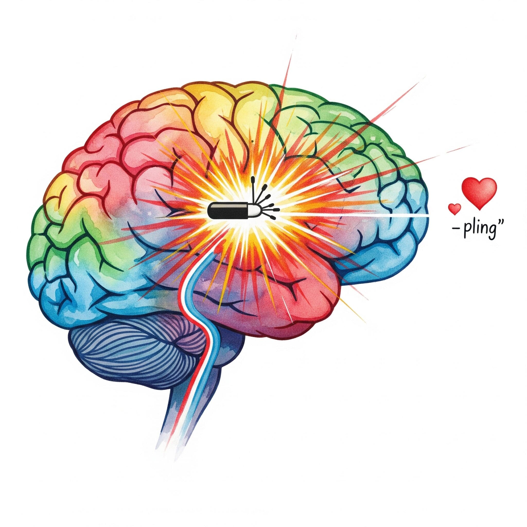 Ein Gehirn, in dem der "Belohnungspfad" hell aufleuchtet. Ein Drogen-Symbol erzeugt eine riesige "Explosion" auf diesem Pfad. Ein Herz-Symbol daneben erzeugt nur ein winziges "Pling". Symbolisiert, wie Drogen natürliche Belohnungen entwerten. "Dopamin und Sucht", "Belohnungssystem Gehirn", "Neurobiologie der Sucht"