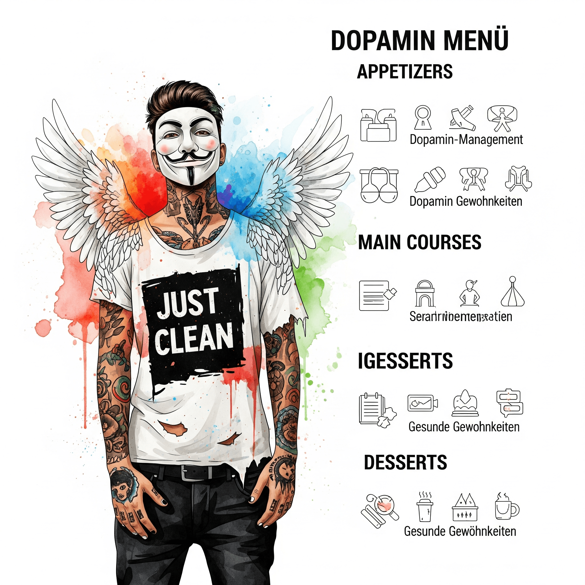 Eine Infografik im Stil einer Speisekarte mit den Überschriften "Vorspeisen", "Hauptgerichte", "Desserts" etc. In jeder Kategorie stehen kleine, ansprechende Icons für die jeweiligen Aktivitäten.  "Dopamin Menü", "Dopamin-Management", "gesunde Gewohnheiten"