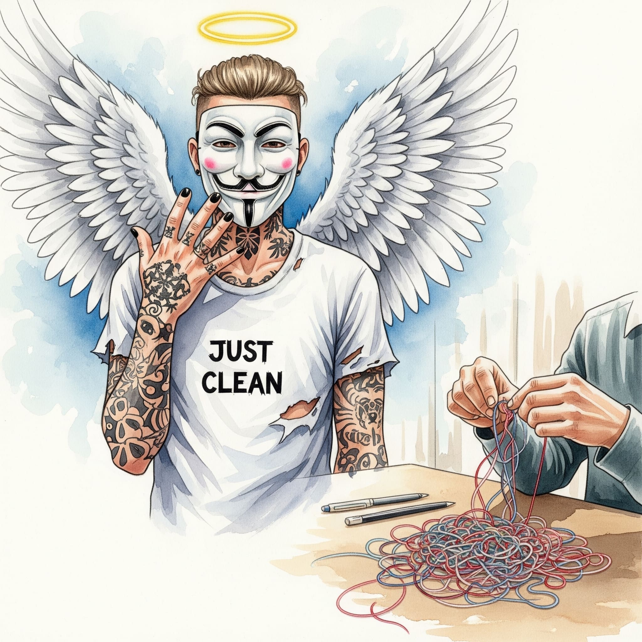 Eine Person, die an einem Schreibtisch sitzt und einen verworrenen Faden (Symbol für Gedanken) entwirrt und ordnet.

Keywords für Bild-Alt-Text: "KVT Gedanken ordnen negative Muster"