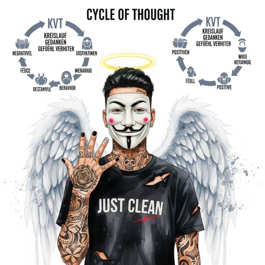 Infografik: Kreislauf aus Gedanken -> Gefühl -> Verhalten -> Ergebnis, einmal negativ, einmal positiv dargestellt.

Keywords für Bild-Alt-Text: "KVT Kreislauf Gedanken Gefühl Verhalten"