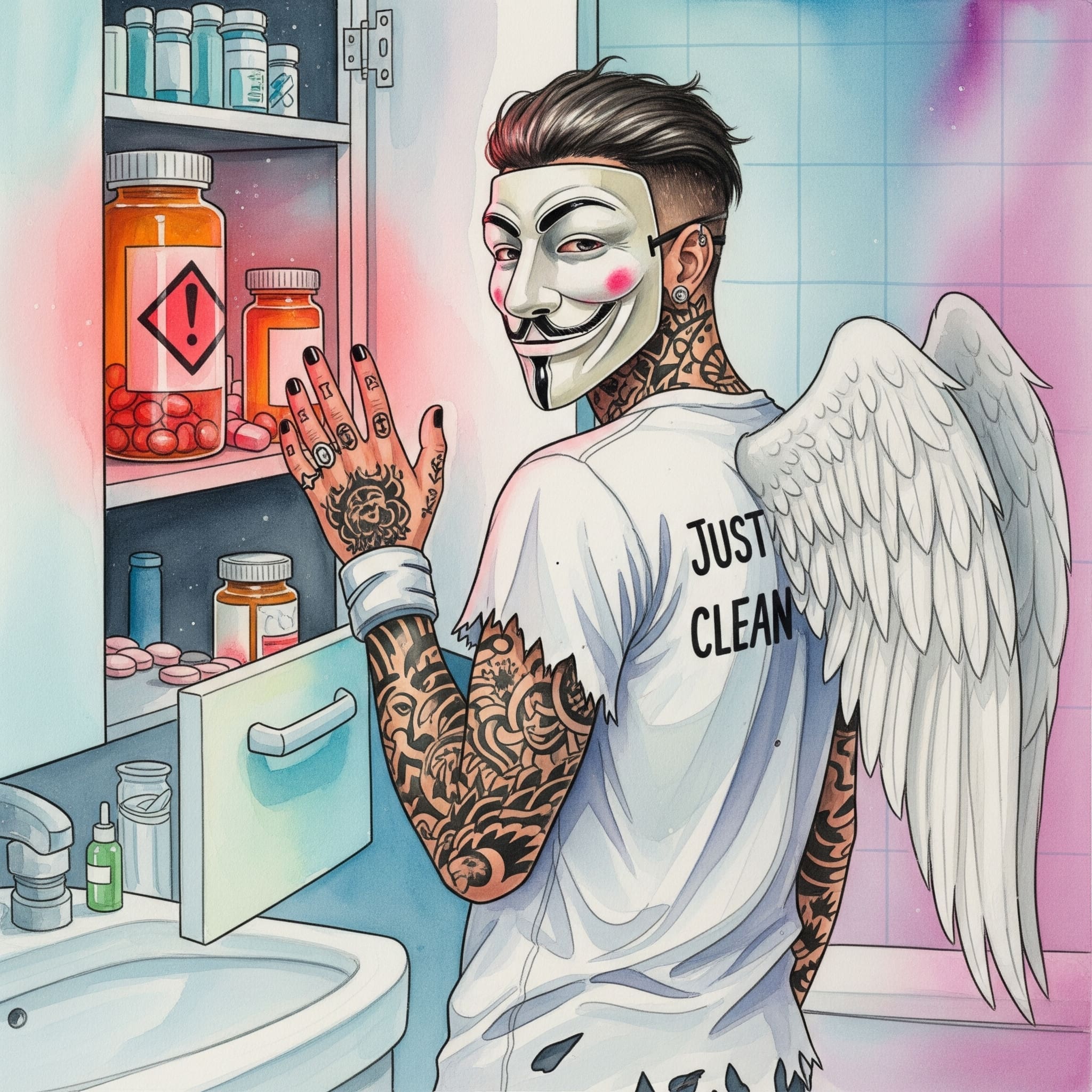 Ein offener Medizinschrank im Badezimmer. Eine der Pillenflaschen leuchtet rot oder hat ein Warnsymbol darauf. Symbolisiert die versteckte Gefahr im Alltäglichen. "Medikamentenmissbrauch", "Antiepileptika Gefahr", "versteckte Sucht"