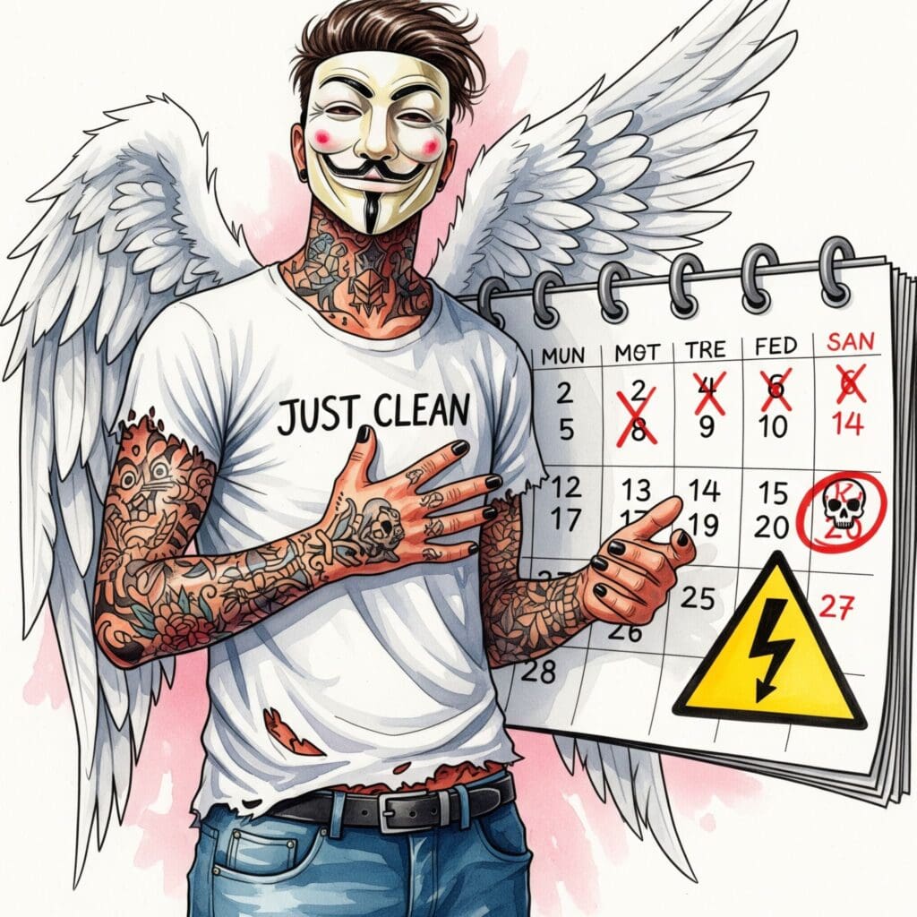 Ein Kalender, bei dem die Tage mit einem roten X durchgestrichen sind. Der letzte Tag ist umkreist und mit einem großen Warnsymbol (Blitz oder Totenkopf) versehen. Symbolisiert die Gefahr des plötzlichen Absetzens. "kalter Entzug gefährlich", "Entzugserscheinungen Antiepileptika", "Medikamente absetzen"