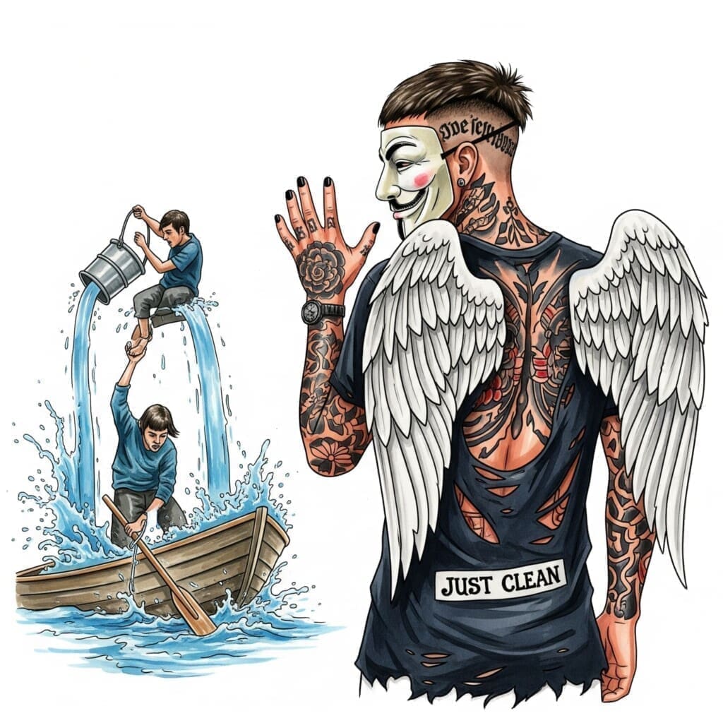 Eine Person, die versucht, ein sinkendes Boot (Symbol für die Sucht/den Süchtigen) mit einem kleinen Eimer auszuschöpfen, während das Wasser von allen Seiten eindringt. Symbol für die vergebliche Mühe und das Aufrechterhalten eines kaputten Systems.

Keywords: "Co-Abhängigkeit Sucht aufrechterhalten", "Vergebliches Helfen Sucht", "Co-Abhängigkeit Teufelskreis"