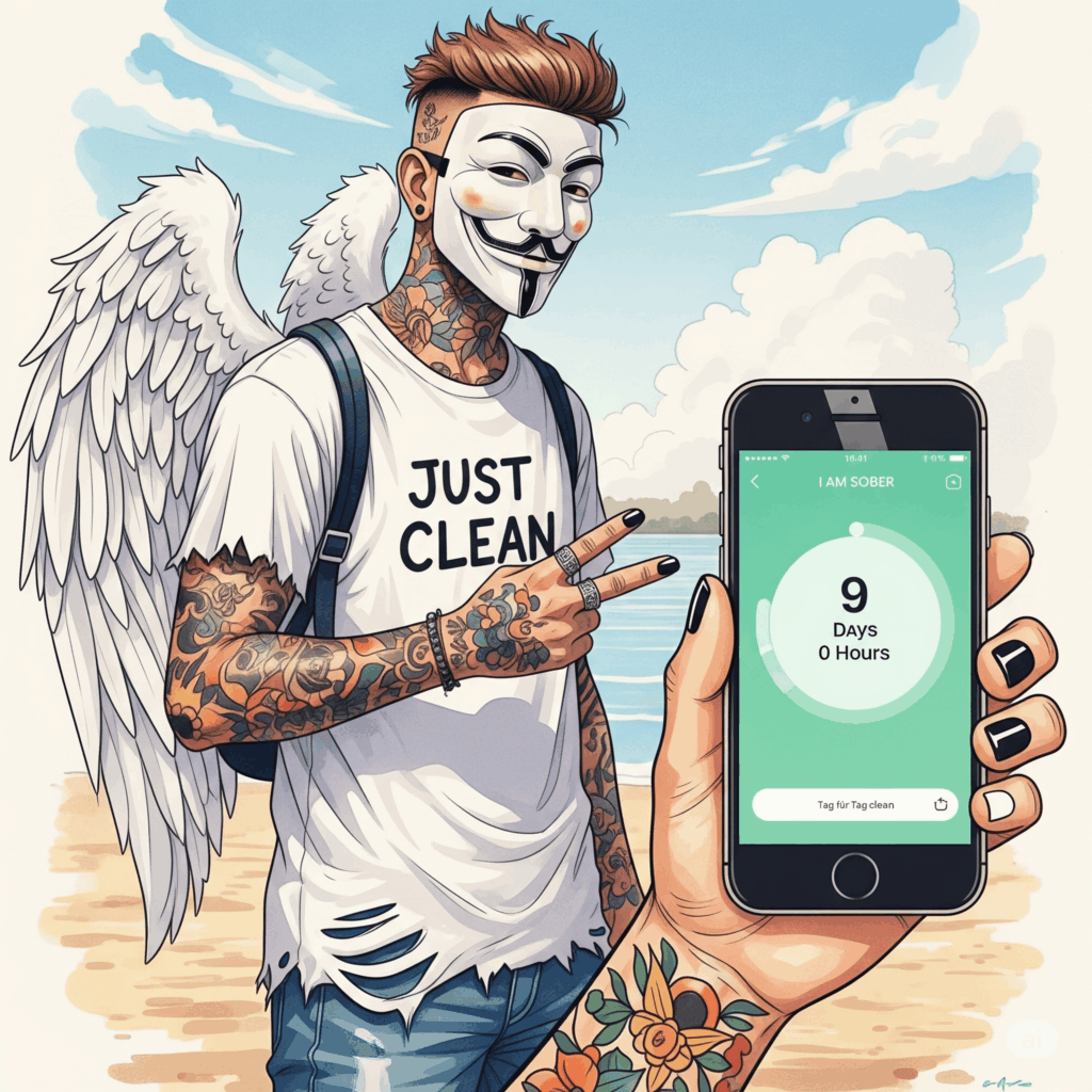 Ein Smartphone in einer Hand. Auf dem Display ist die Hauptansicht der "I Am Sober" App zu sehen, mit dem großen Zähler, der "9 Tage, 0 Stunden" anzeigt. Der Hintergrund ist ruhig und hoffnungsvoll. "I Am Sober App Tracker", "Nüchternheit zählen", "Tag für Tag clean"