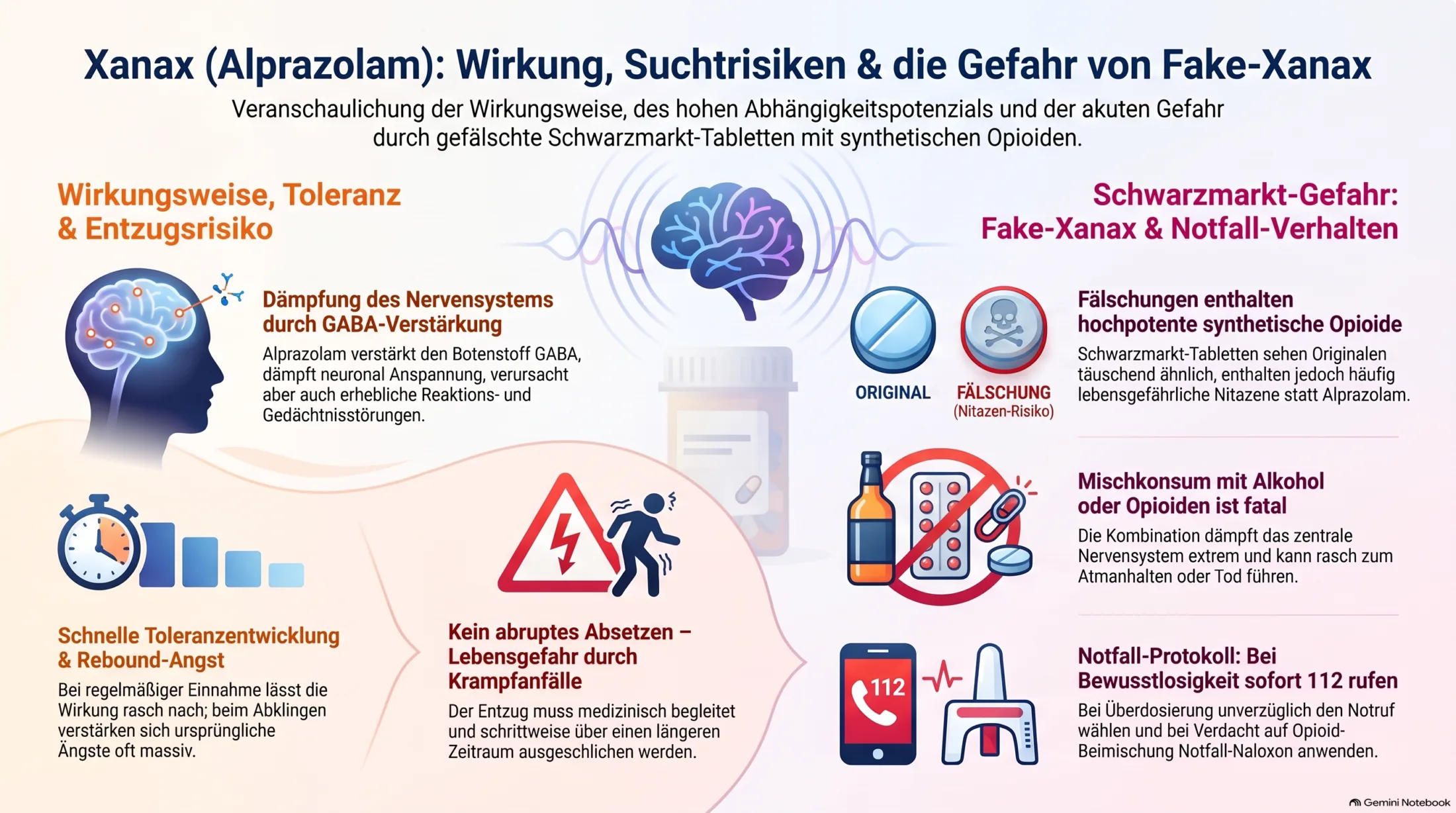 Infografik zu Alprazolam und Xanax mit Wirkung, Abhängigkeit, Entzug, Mischkonsum und der Gefahr von Fake-Xanax