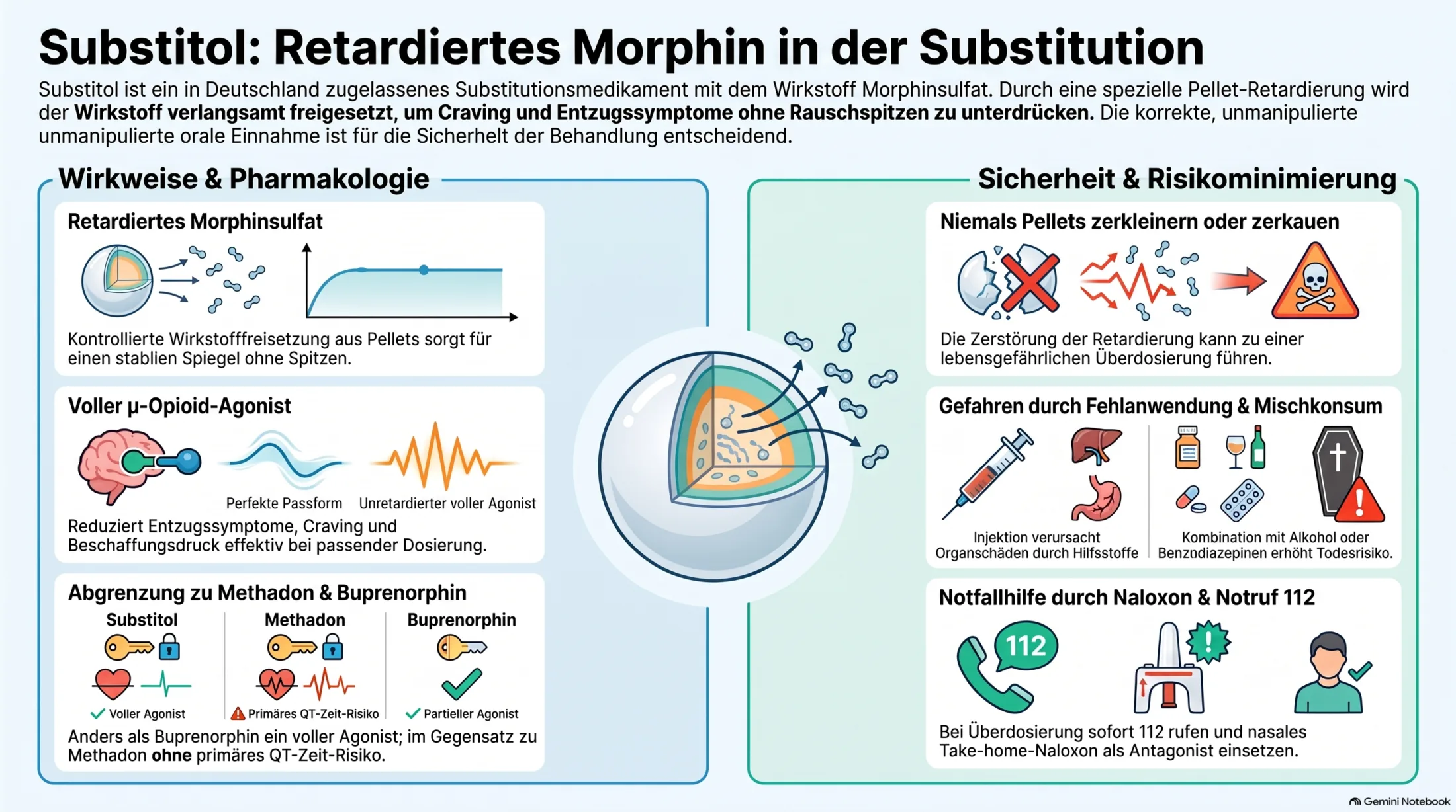 Infografik zu Substitol und retardiertem Morphin in der Opioid-Substitution mit Wirkung, Retardierung und Vergleich zu Methadon und Polamidon