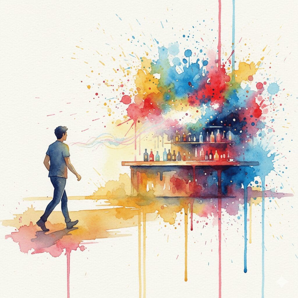 Künstlerische Darstellung der Anti-Craving-Wirkung von Acamprosat, bei der die Verlockung durch Alkohol leiser wird.