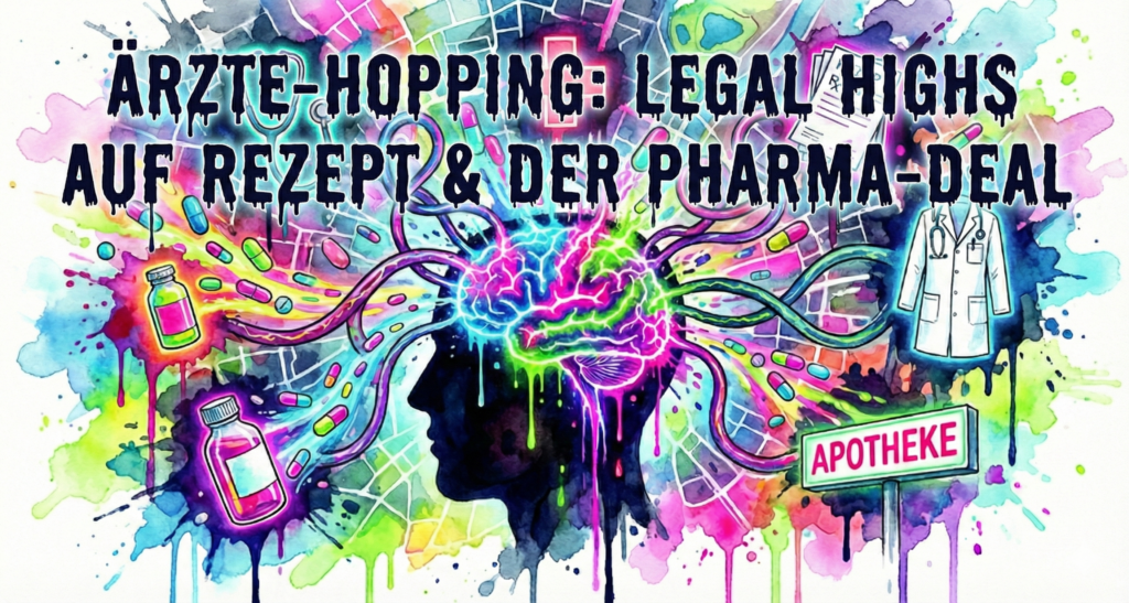 Bunte Watercolor-Illustration als Titelbild: Eine Patientensilhouette ist über Schläuche mit verschiedenen Arztsymbolen (Stethoskop, Rezeptblock, Apotheke) verbunden, von denen massenhaft Tabletten in das Gehirn fließen. Symbolisiert Ärzte-Hopping, Polytoxikomanie und das Versagen des Gesundheitssystems bei Medikamentensucht.