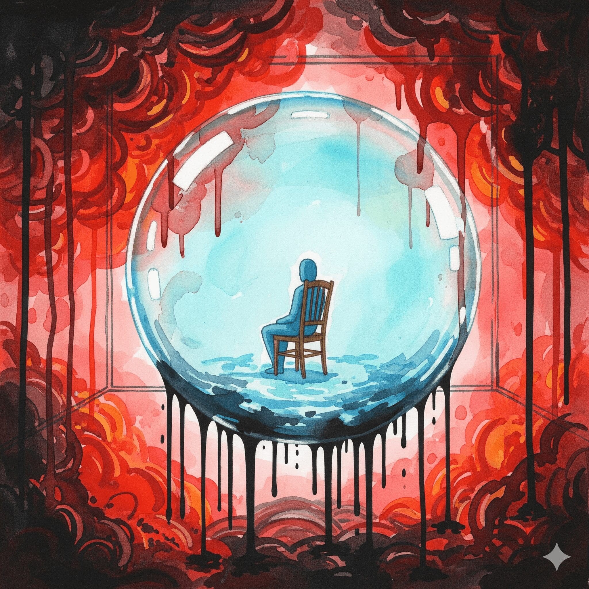 Künstlerische Darstellung der angstlösenden Wirkung von Alprazolam (Xanax) in zerlaufenden Watercolor-Farben, die eine Blase der Ruhe in einer chaotischen Umgebung zeigt.