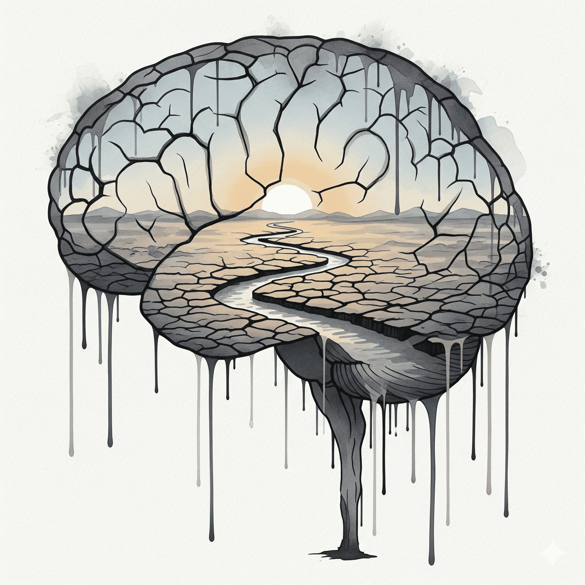 Künstlerische Darstellung der Dopamin-Erschöpfung im Gehirn während des Amphetamin-Entzugs, gezeigt als ausgetrocknete Wüstenlandschaft.
