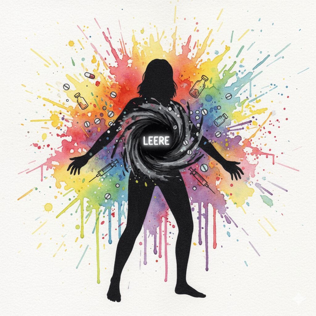 Eine Person versucht, Drogen in ein "Schwarzes Loch" in ihrer Brust zu werfen, das "LEERE" symbolisiert. Metapher für Borderline und Sucht als Selbstmedikation.