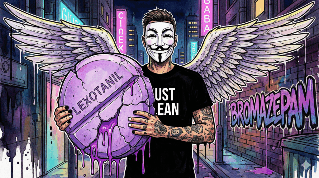 NeelixberliN-Figur mit Anonymous-Maske hält eine bröckelnde lila Bromazepam Tablette. Graffiti Hintergrund mit Schriftzug BROMAZEPAM. Symbolbild für Benzodiazepin-Abhängigkeit.