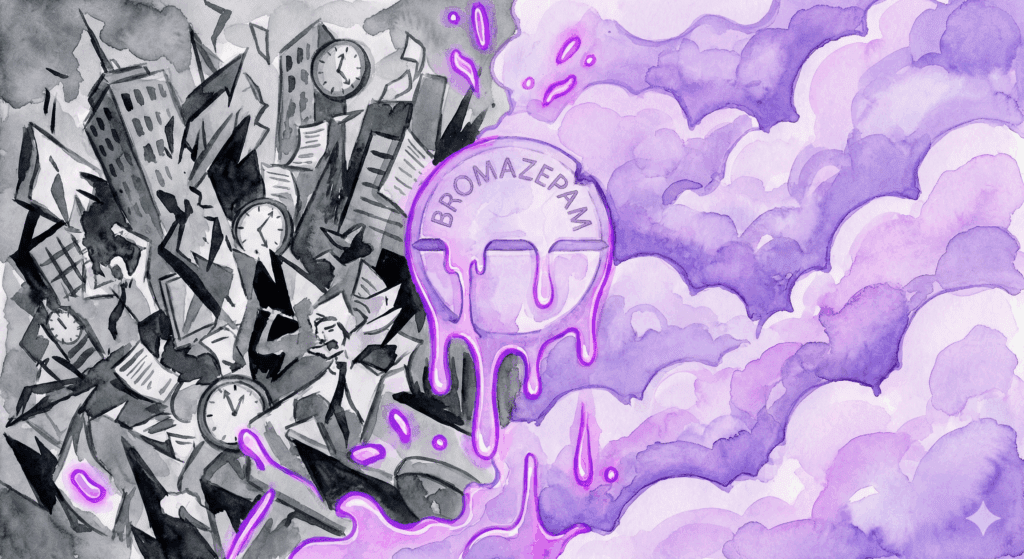 Künstlerische Darstellung der GABA-Rezeptoren unter Einfluss von Bromazepam. Beruhigung vs. Abhängigkeit.