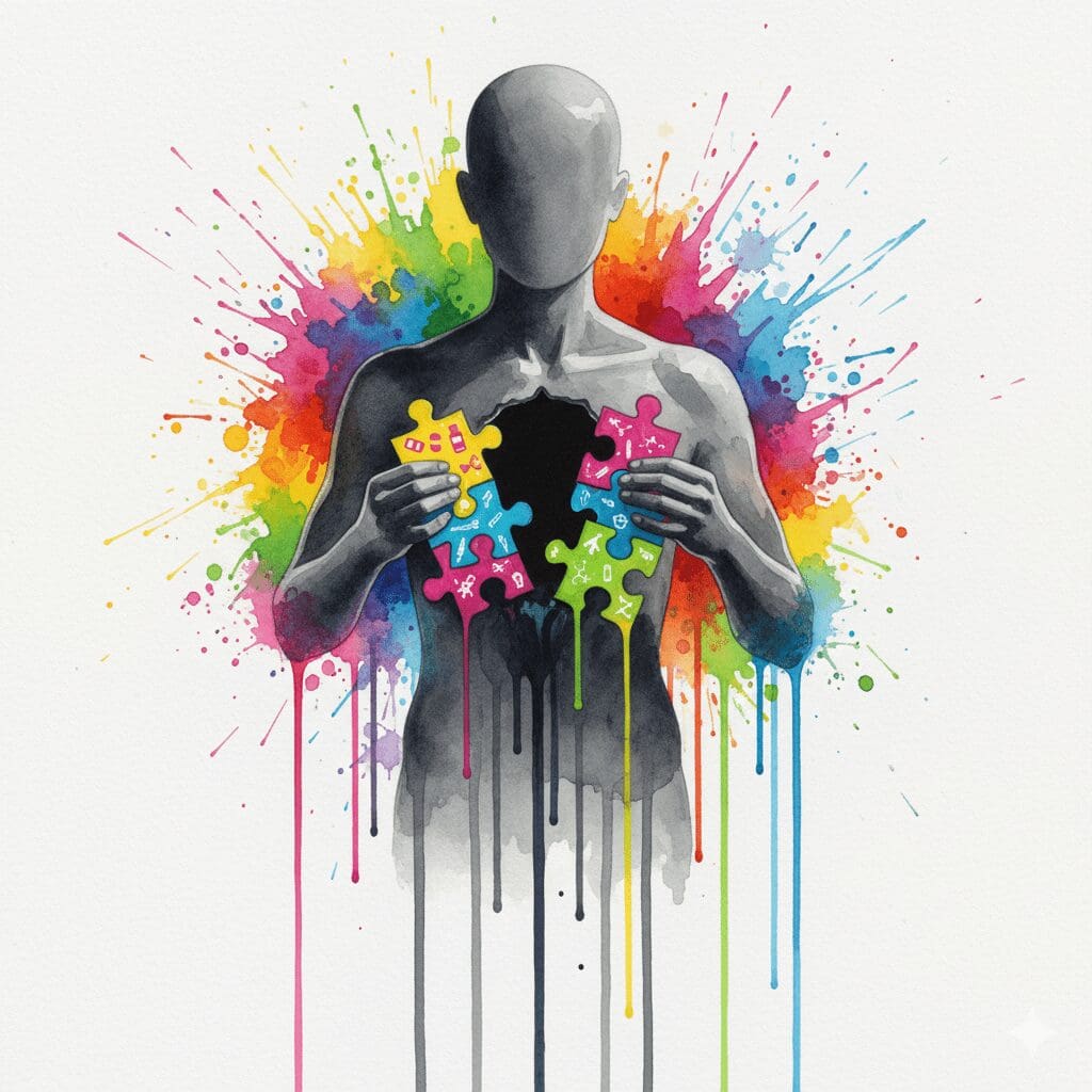 Künstlerische Darstellung der Motivationen hinter Chemsex, bei der Drogen genutzt werden, um eine innere Leere zu füllen.