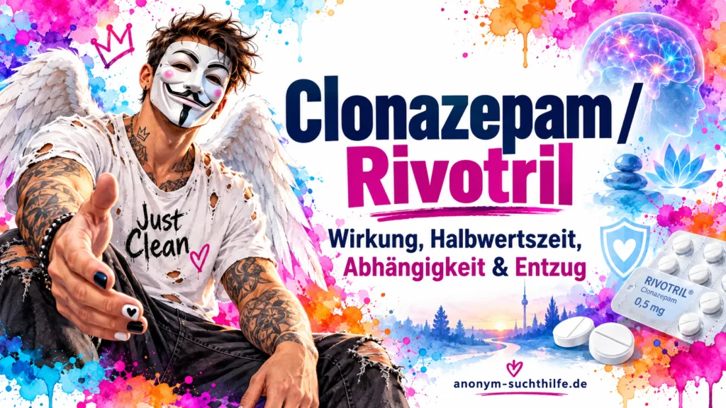 Titelbild zum Artikel über Clonazepam und Rivotril mit der Anonym-Suchthilfe-Markenfigur, Rivotril-Tabletten sowie Hinweisen auf Wirkung, Halbwertszeit, Abhängigkeit und Entzug.