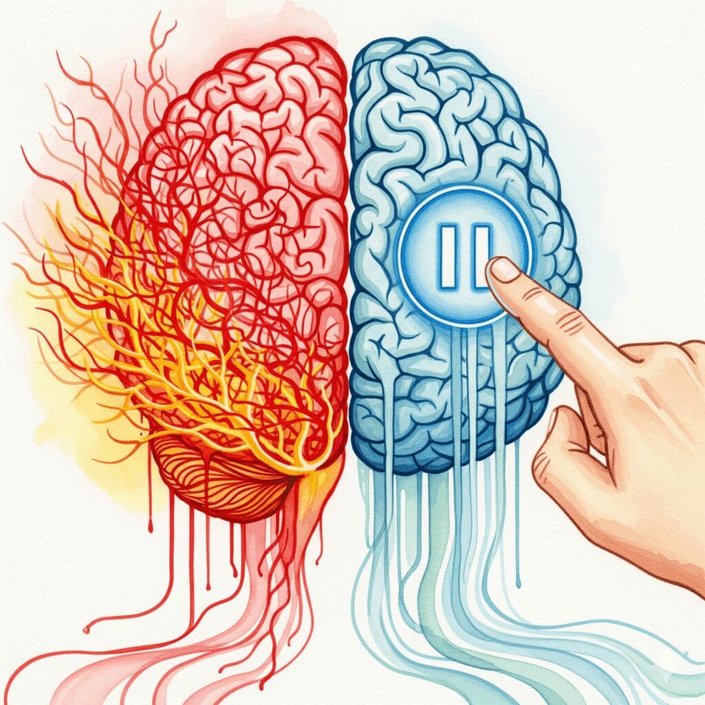 Künstlerische Darstellung der beruhigenden Wirkung von Diazepam im Gehirn, gezeigt als Pausen-Taste, die neuronales Chaos in Ruhe verwandelt, gemalt in Watercolor-Farben.