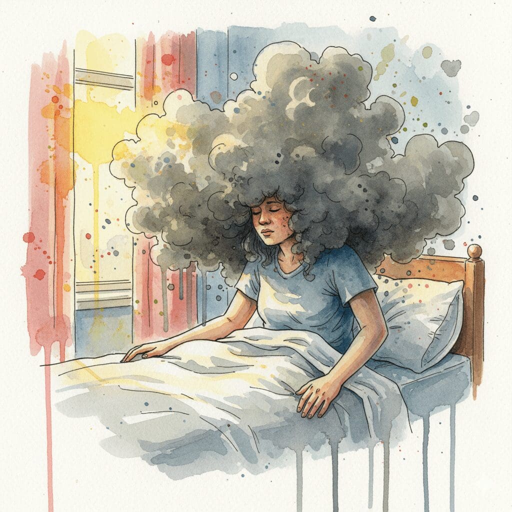 Symbolische Darstellung des "Katers" nach Antihistaminika-Missbrauch, bei dem sich der Kopf am nächsten Tag wie in einem dichten Nebel anfühlt.