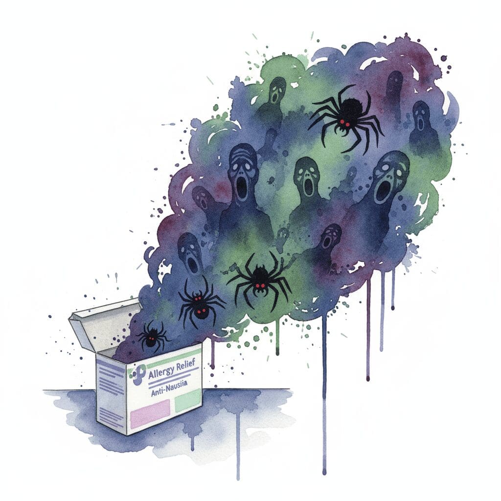 Künstlerische Darstellung des Horrortrips (Delir) durch Antihistaminika-Missbrauch, bei dem Spinnen und Schattenmenschen halluziniert werden.