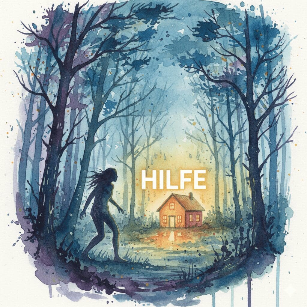 Eine verirrte Person im Wald, die in der Ferne ein sicheres Haus (Psychiatrie) als Zufluchtsort sieht. Symbol für die Notwendigkeit professioneller Hilfe bei einer Psychose.