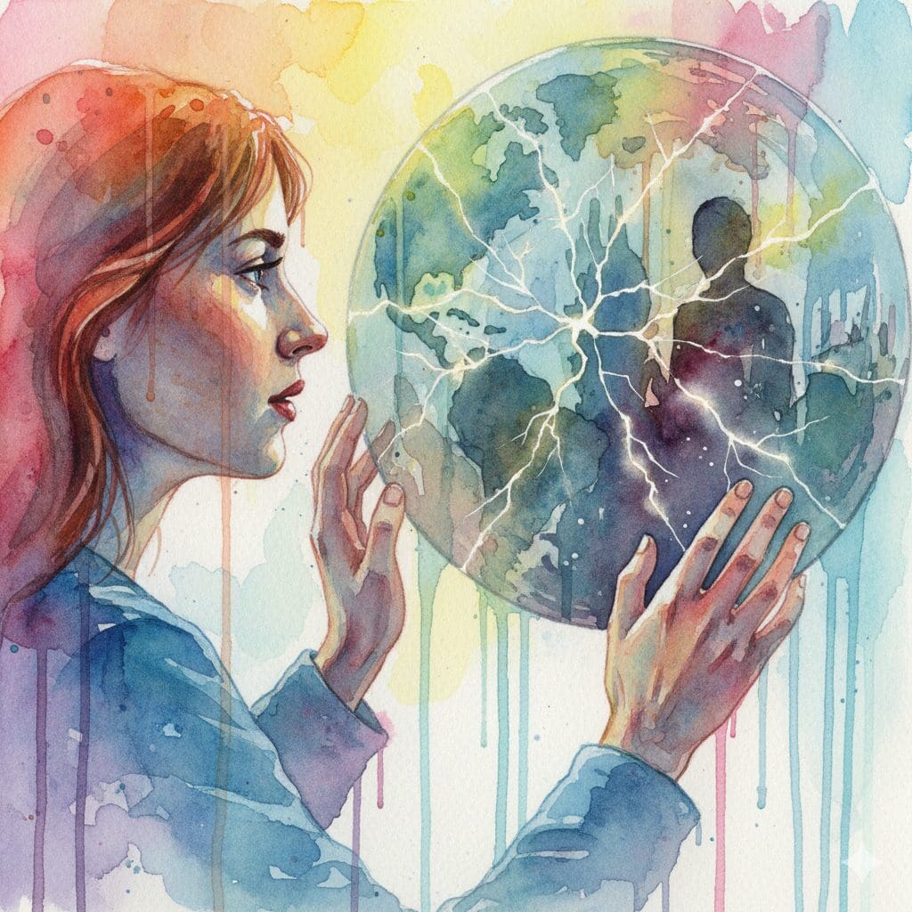 Eine Person betrachtet eine Welt, die wie eine rissige Glasscheibe aussieht. Symbol für die Verletzlichkeit und die Narben nach einer Drogenpsychose.