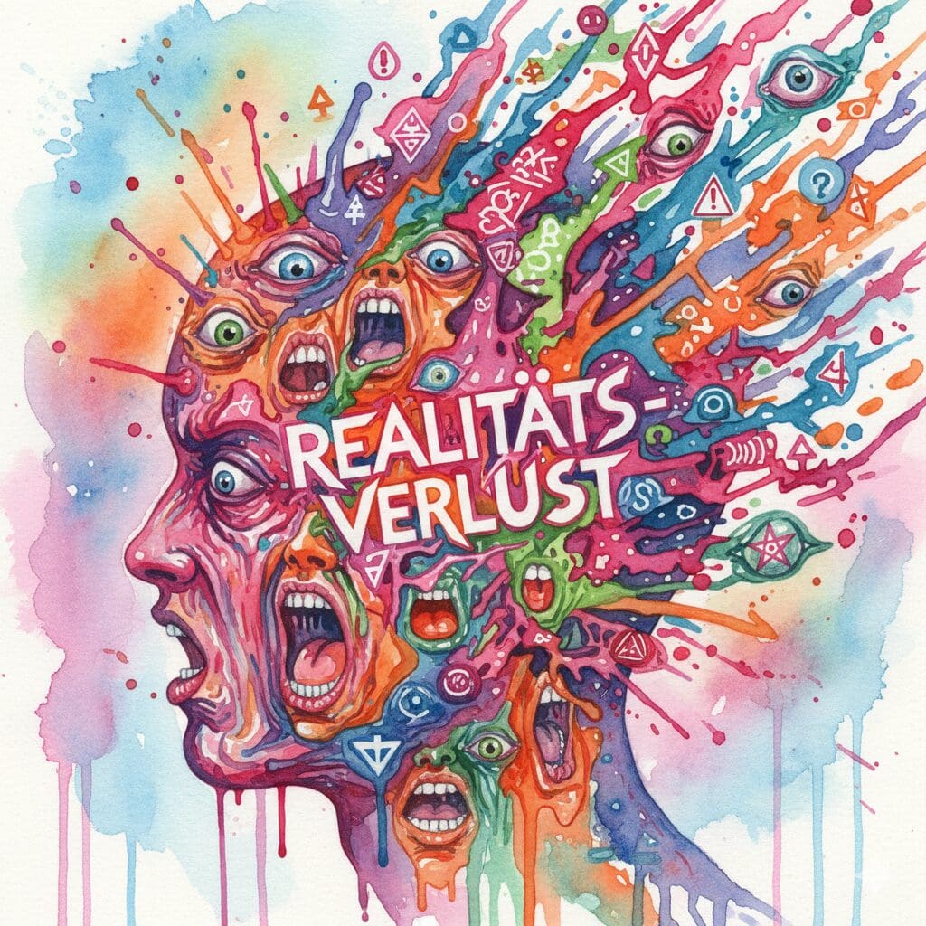 Ein Kopf, der in einer Explosion aus paranoiden Symbolen und Augen zerbirst, als Symbol für den Realitätsverlust bei einer Drogenpsychose.