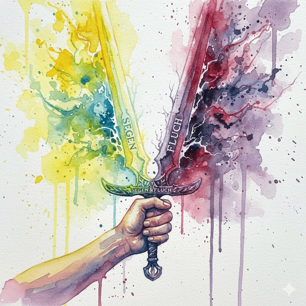 Ein leuchtendes, aber zweischneidiges Schwert, das Segen und Fluch symbolisiert. Metapher für die duale Natur der EMDR-Therapie bei Sucht.