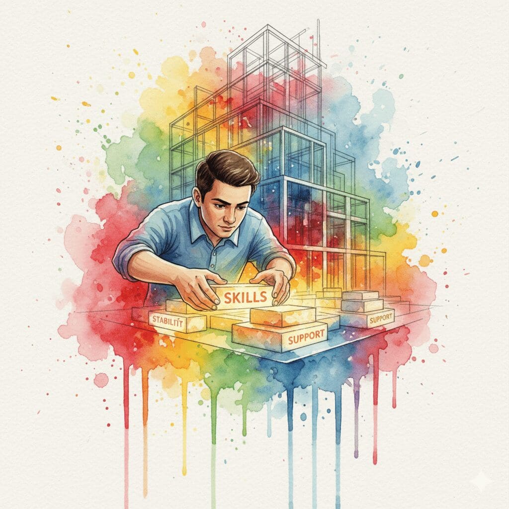 Eine Person verstärkt das Fundament eines Hauses, bevor sie weiterbaut. Symbol für die Notwendigkeit der Stabilisierung vor der EMDR-Trauma-Therapie.