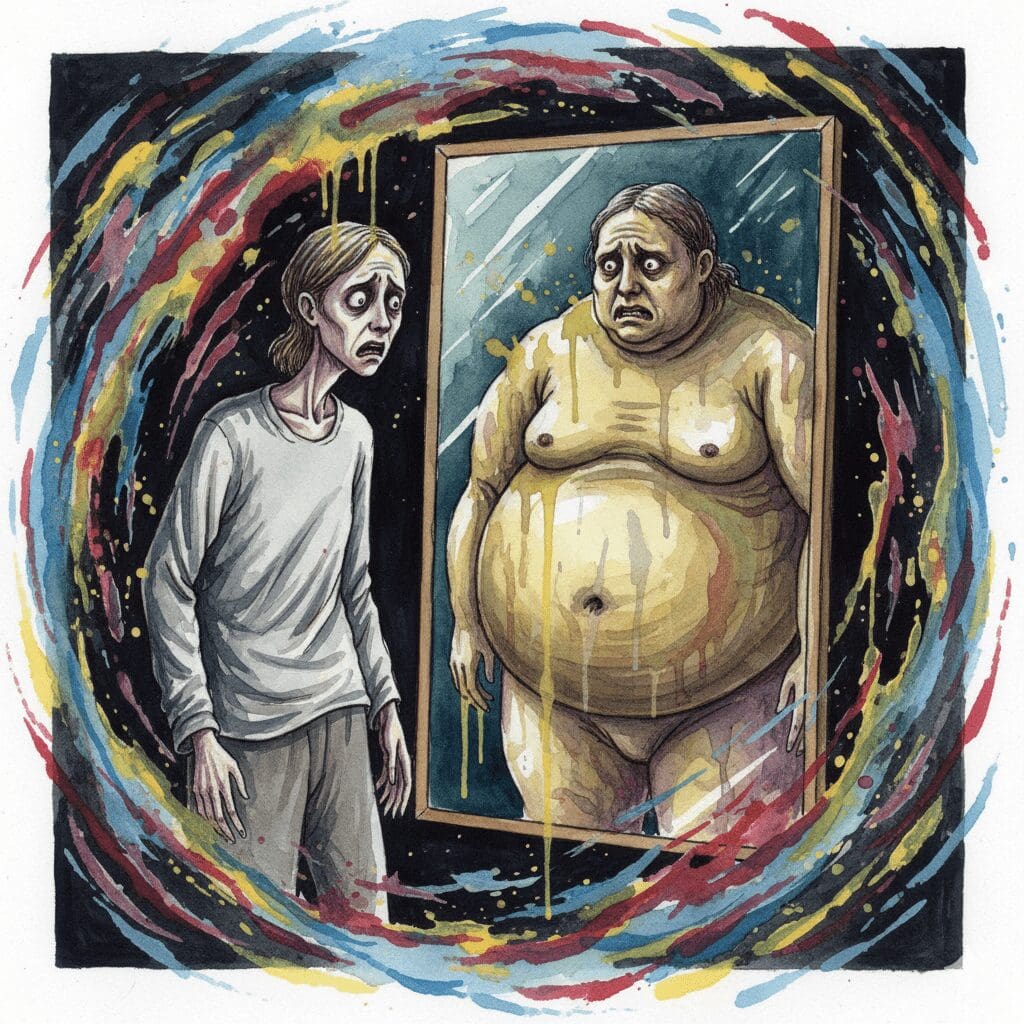 Künstlerische Darstellung der Körperwahrnehmungsstörung bei Magersucht, bei der eine dünne Person ein fettes Spiegelbild sieht.