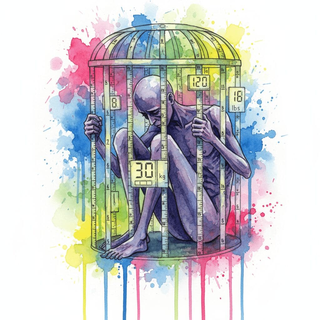 Künstlerische Darstellung einer Essstörung als Sucht nach Kontrolle, gezeigt als eine Person in einem Käfig aus Maßbändern und Zahlen.