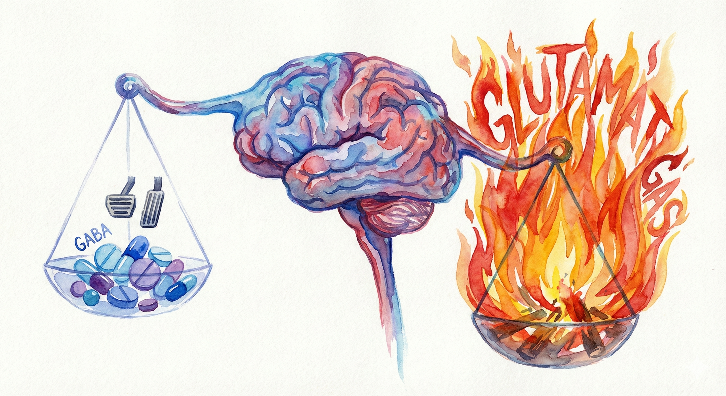 Waage im Gehirn: Das Glutamat-Feuer wiegt schwerer als die GABA-Pillen. Symbol für den Rebound.